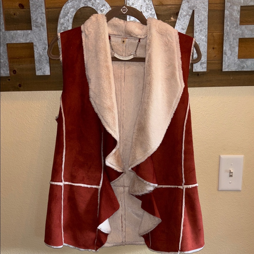 Paparazzi Red and Cream Faux Shearling Vest